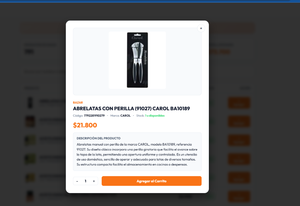Ficha con precio y stock